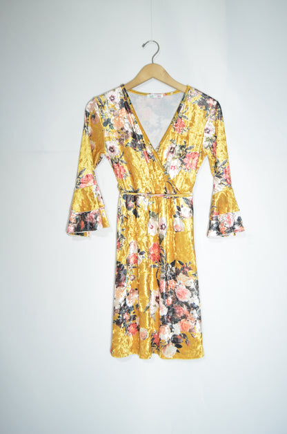 Yellow Velvet Floral Mini Dress