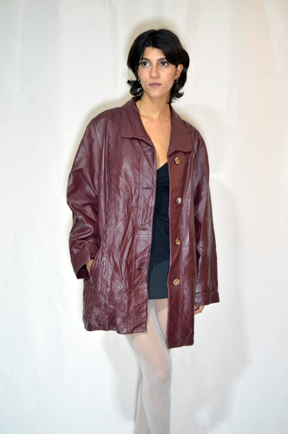 Burgundy Leather patterned Vintage Jacket