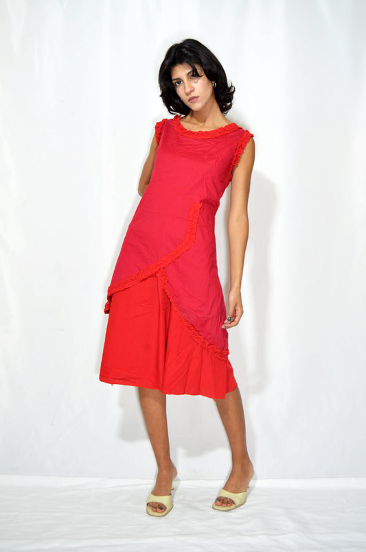 Red Ruffled Vintage Midi Dress
