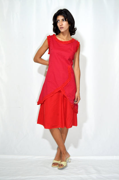 Red Ruffled Vintage Midi Dress