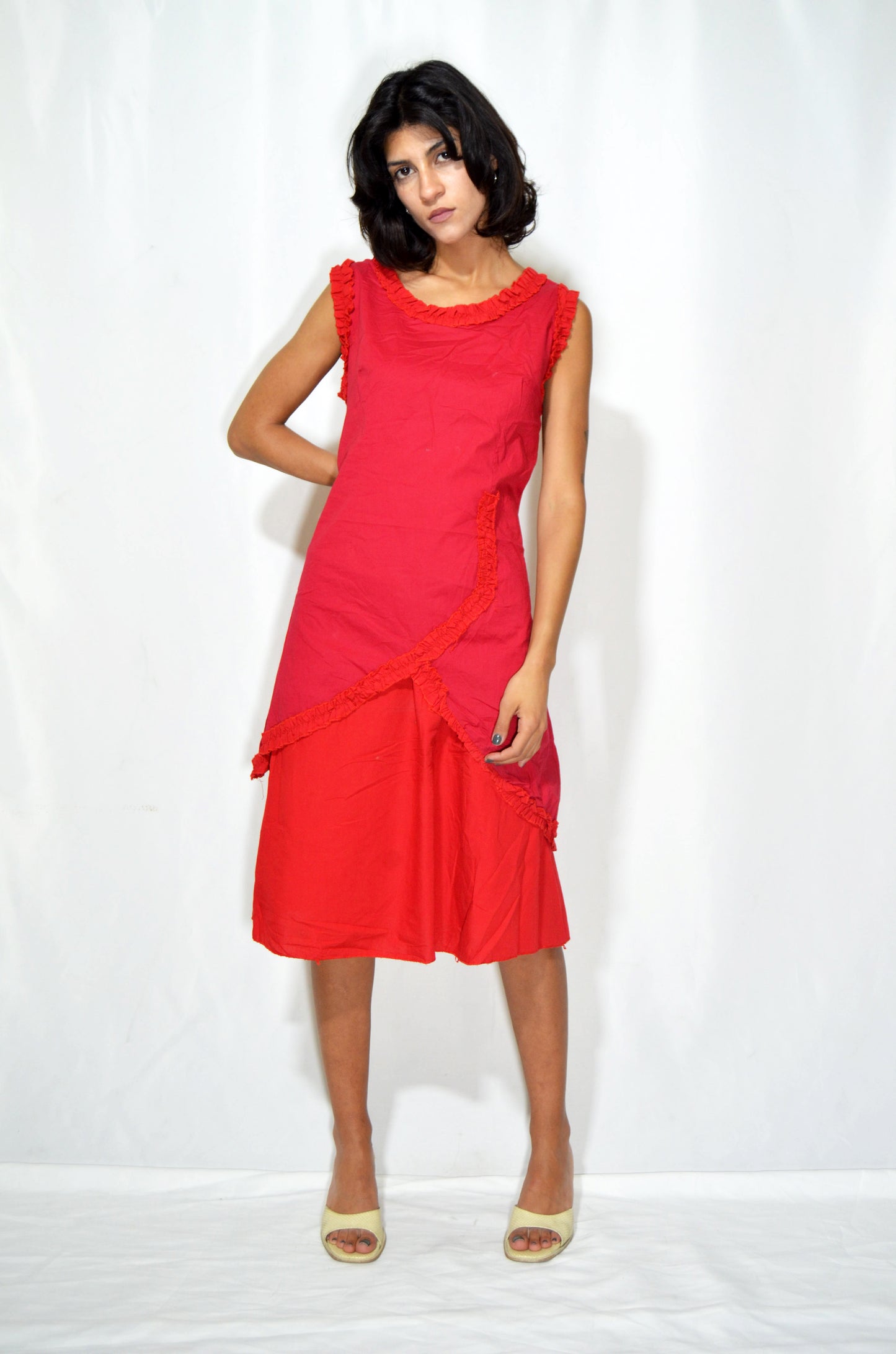Red Ruffled Vintage Midi Dress