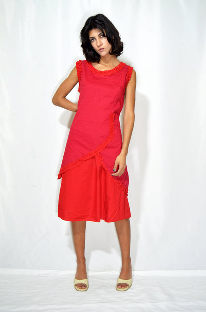 Red Ruffled Vintage Midi Dress