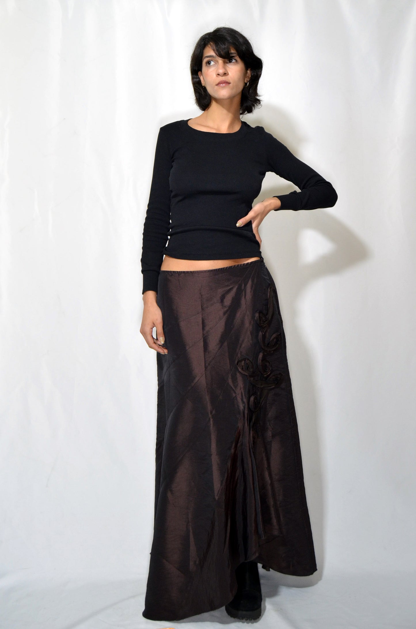 Brown Asymmetrical Satin Vintage Maxi Skirt