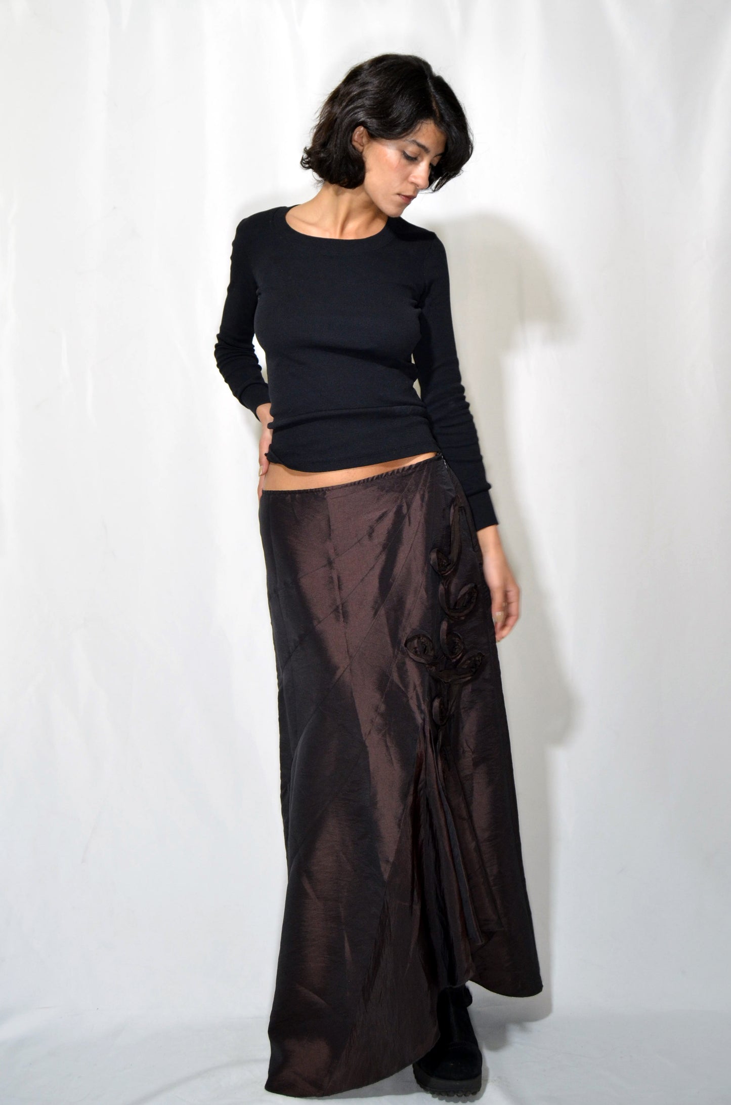 Brown Asymmetrical Satin Vintage Maxi Skirt