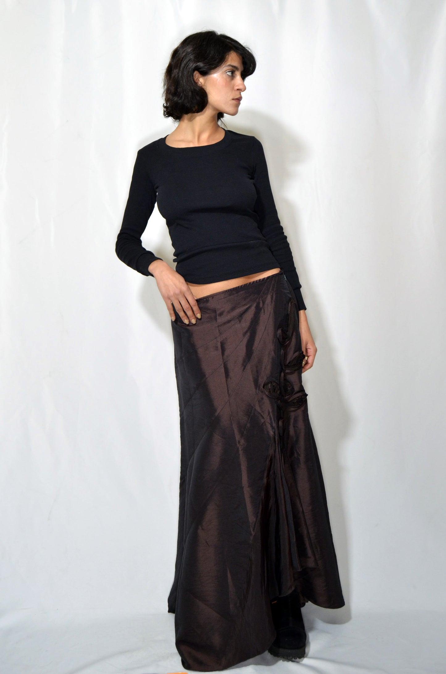 Brown Asymmetrical Satin Vintage Maxi Skirt