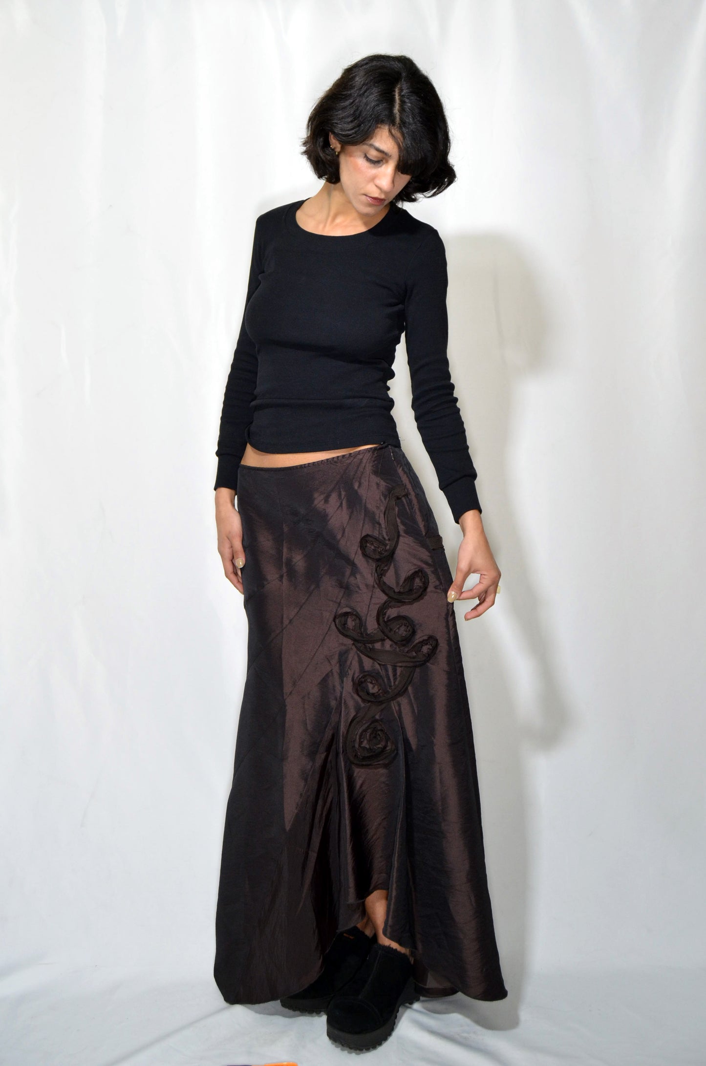 Brown Asymmetrical Satin Vintage Maxi Skirt