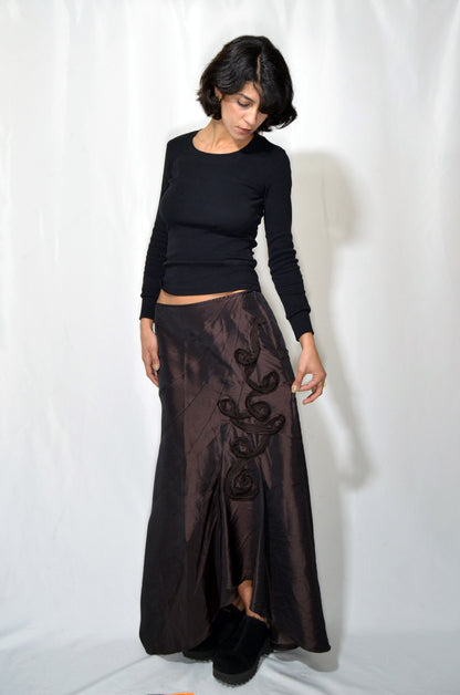 Brown Asymmetrical Satin Vintage Maxi Skirt