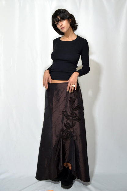 Brown Asymmetrical Satin Vintage Maxi Skirt