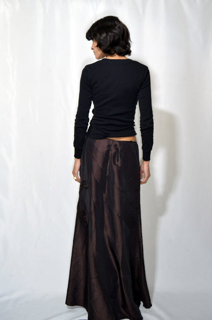 Brown Asymmetrical Satin Vintage Maxi Skirt