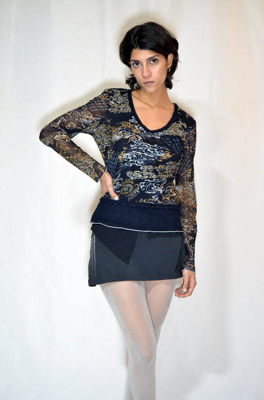 Black & Beige Patterned Mesh Top