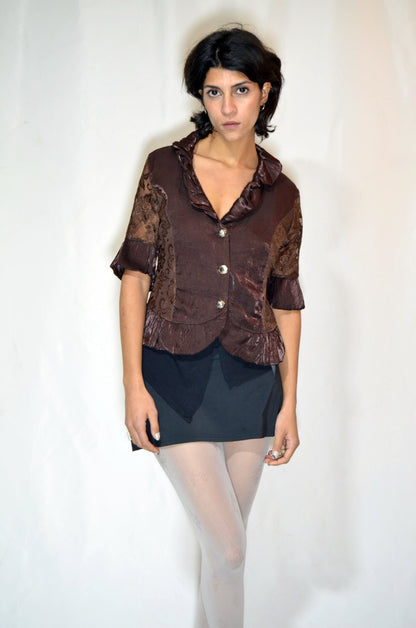 Brown Silk & Lace Ruffled Vintage Top