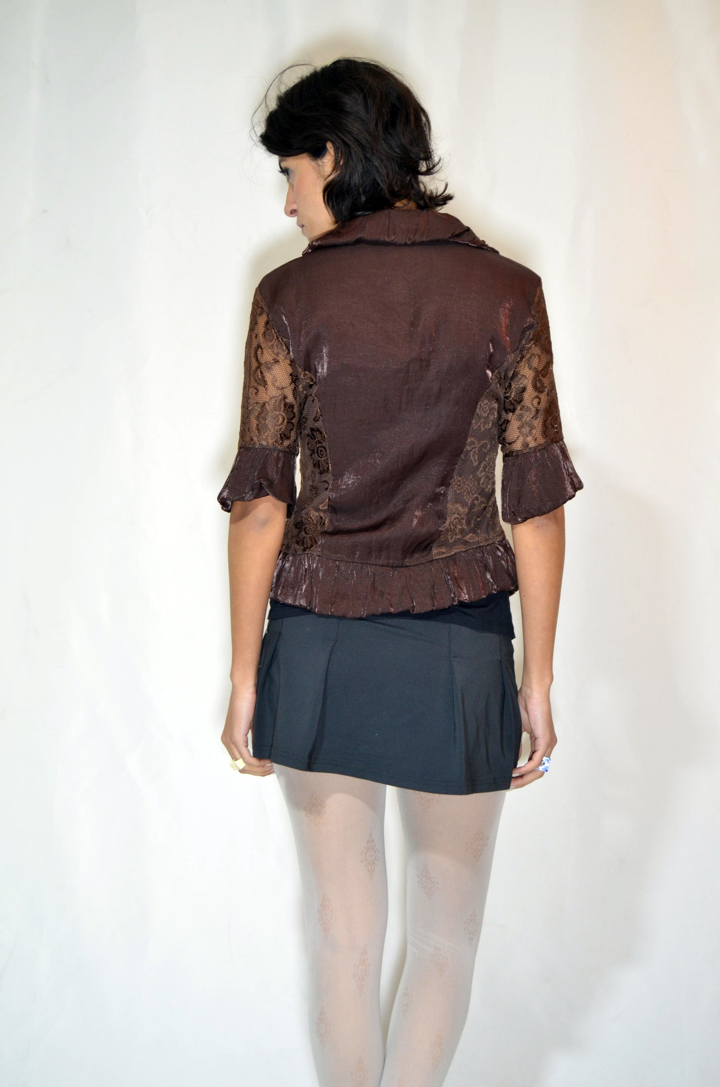 Brown Silk & Lace Ruffled Vintage Top