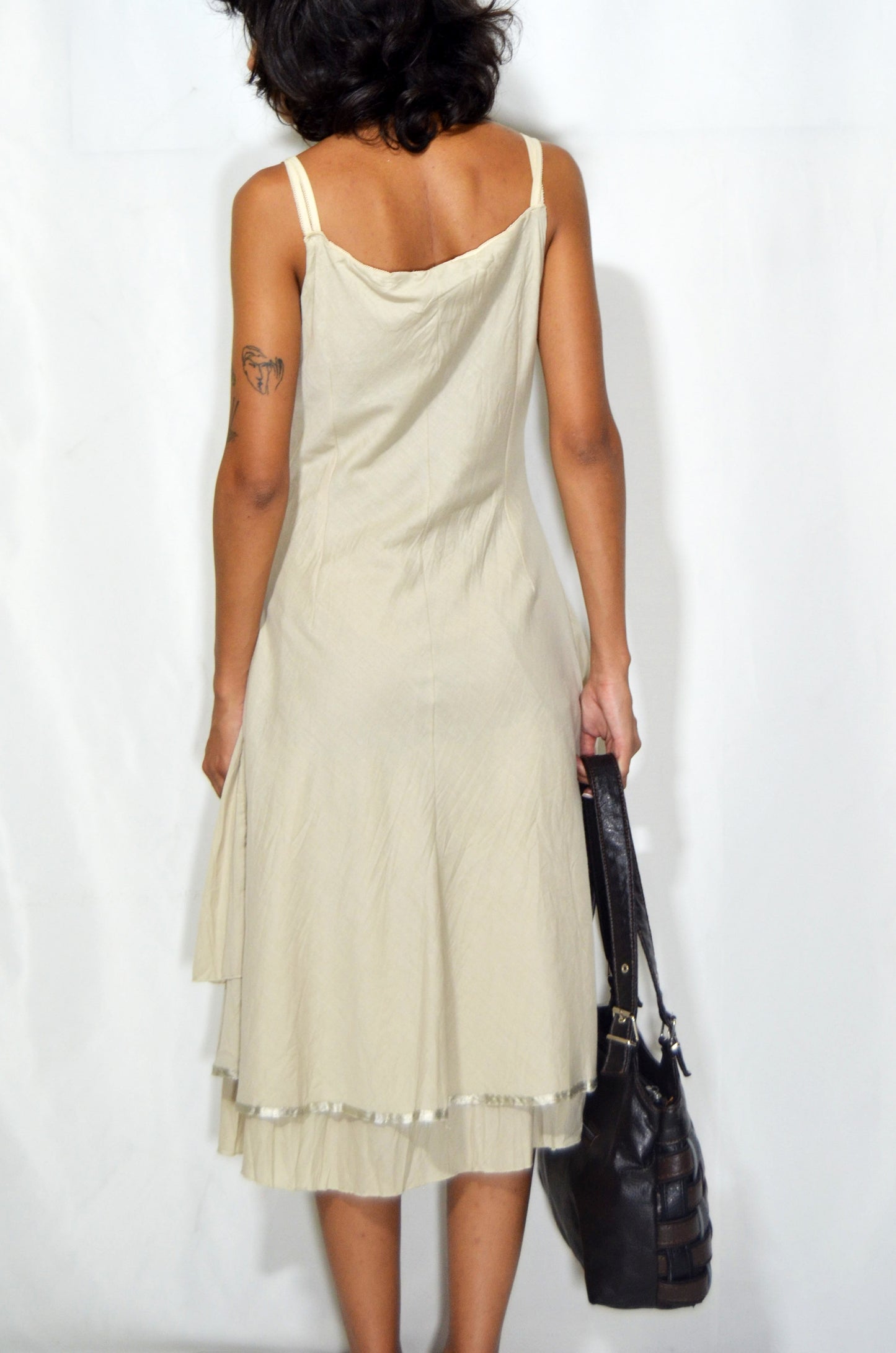 Vintage Beige Ruffled Flared Midi Dress