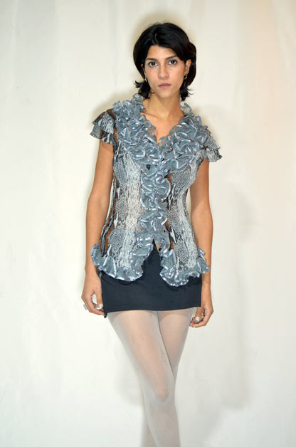 Grey Animal patterned Ruffled Vintage Top