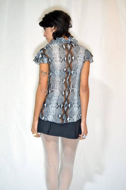 Grey Animal patterned Ruffled Vintage Top