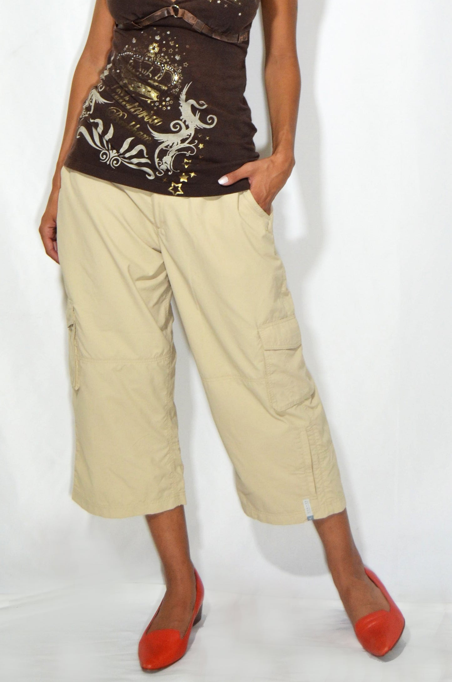 Vintage Beige Capri Cargo Pants