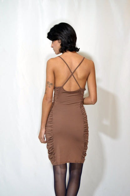 Brown Fitted Crossed Back Vintage Dress