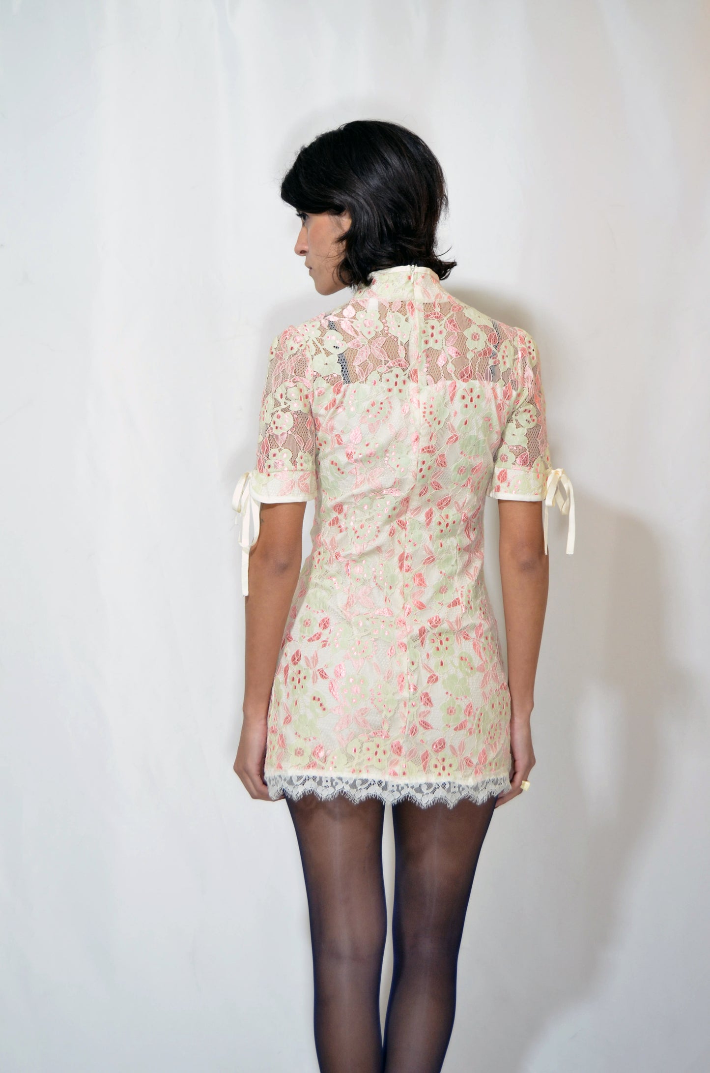 White, Green & pink Qipoa Lace Vintage Dress