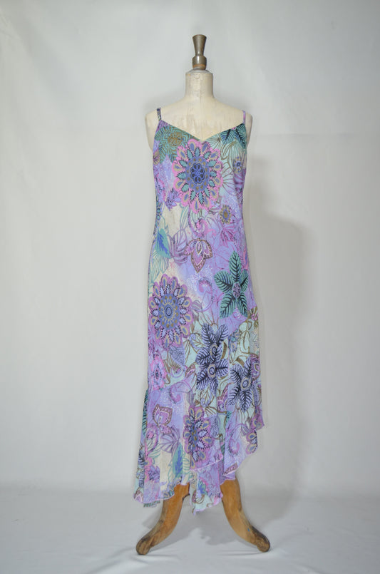 Purple Asymmetrical Floral & Ruffled Maxi Dress