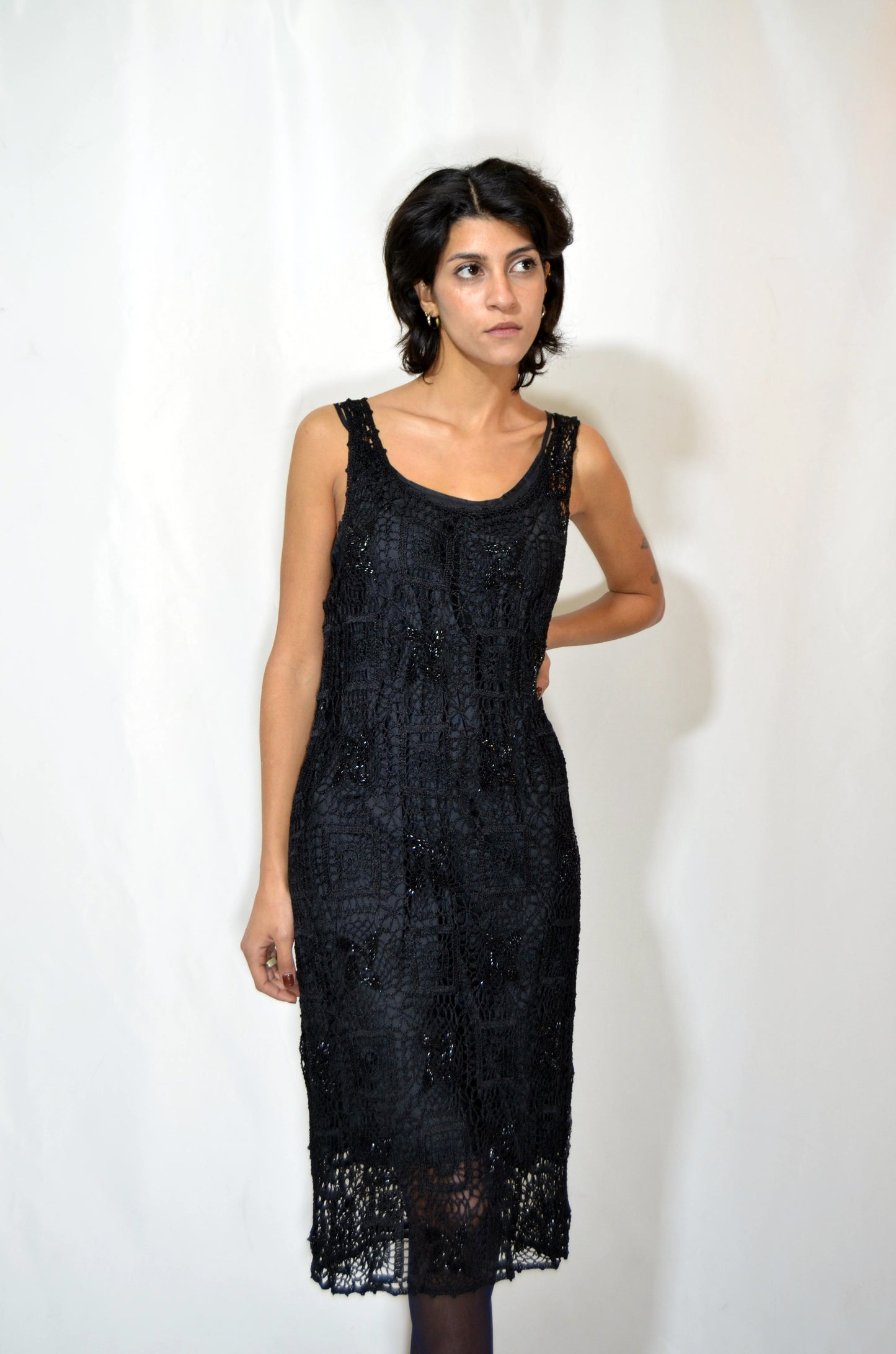 Black Beaded Crochet Vintage Dress