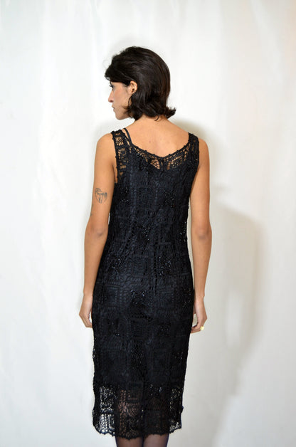 Black Beaded Crochet Vintage Dress