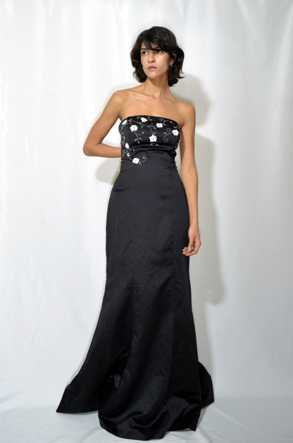 Black Silk Evening Gown with White Beaded Embroideries