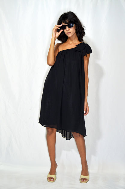 Vintage Black Chiffon One-Shoulder Bow Dress