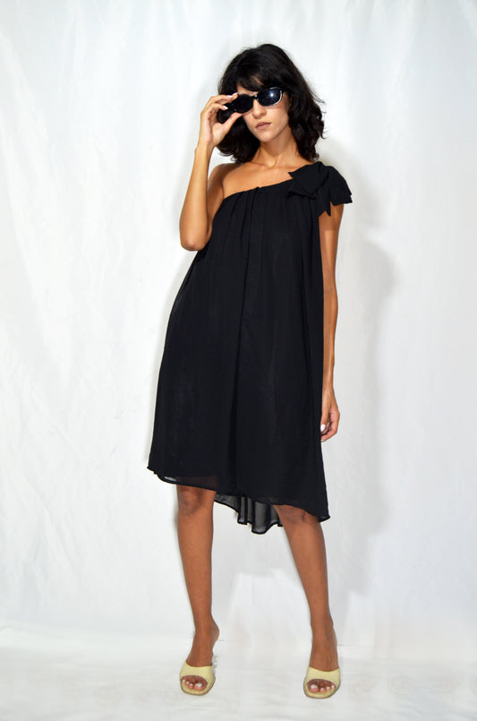 Vintage Black Chiffon One-Shoulder Bow Dress