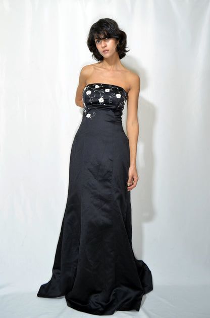 Black Silk Evening Gown with White Beaded Embroideries