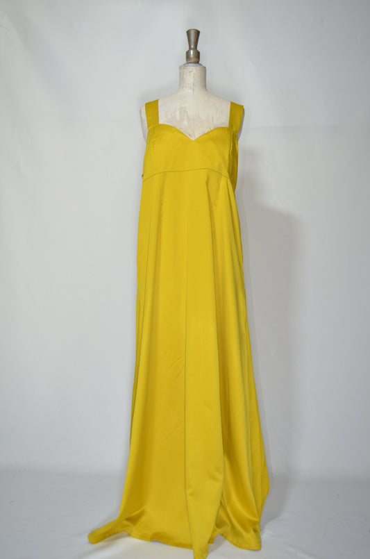 Yellow Mustard Silky Flared Evening Gown