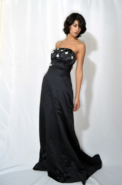 Black Silk Evening Gown with White Beaded Embroideries