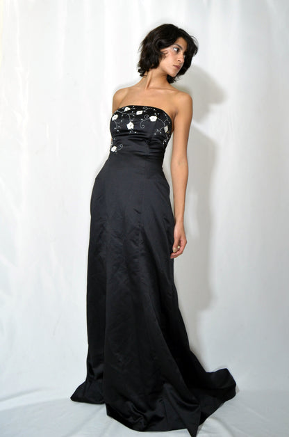 Black Silk Evening Gown with White Beaded Embroideries