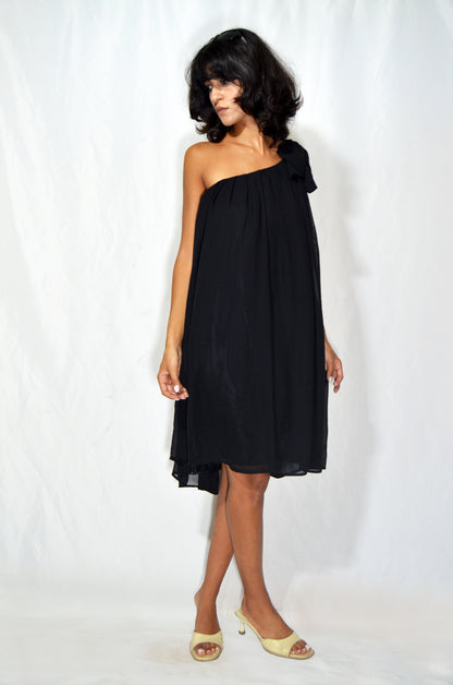 Vintage Black Chiffon One-Shoulder Bow Dress