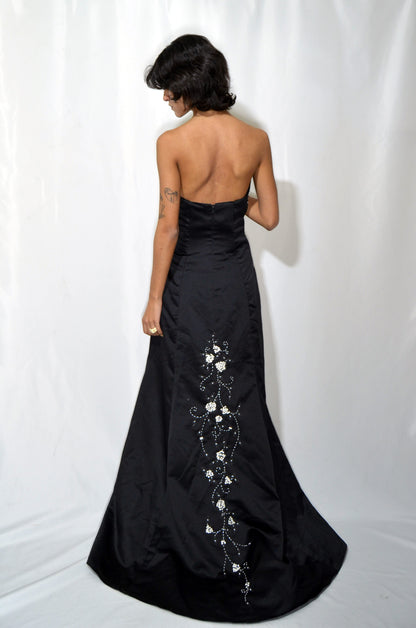 Black Silk Evening Gown with White Beaded Embroideries