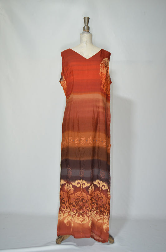 Orange & Brown Tribal Straight Maxi Dress