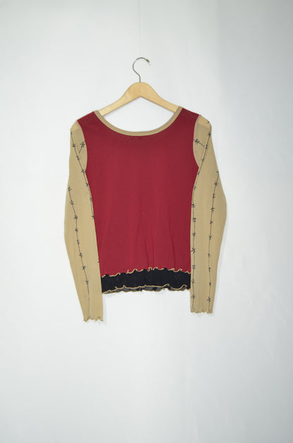 Red & Beige Mesh Fitted Top