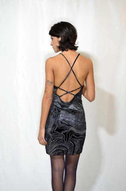 Black & Silver Velvet Sparkly Backless Vintage Dress