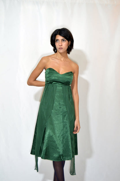 Green Silk & Voile Midi Strapless Vintage Dress