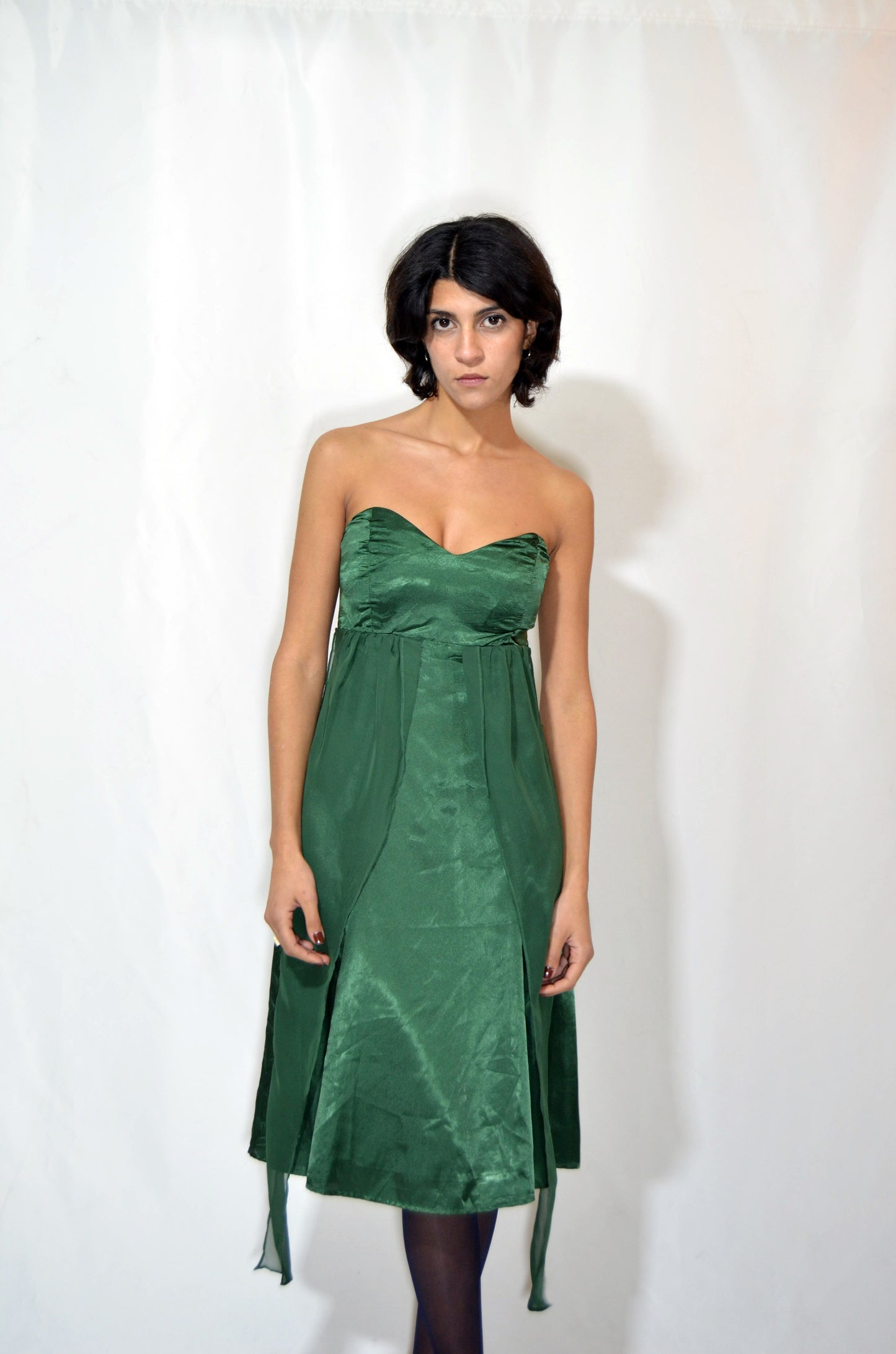 Green Silk & Voile Midi Strapless Vintage Dress