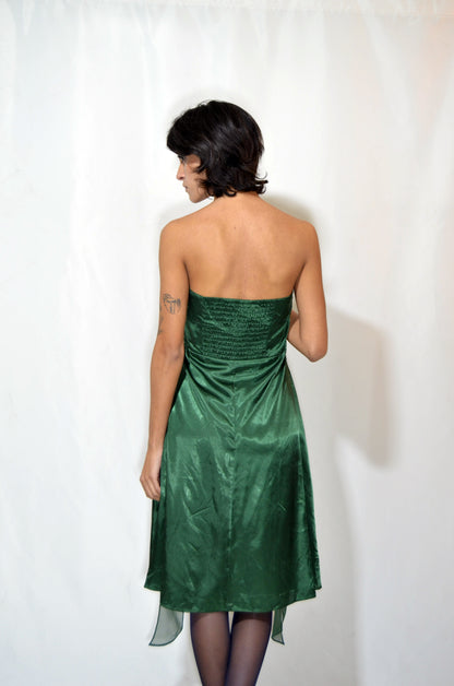 Green Silk & Voile Midi Strapless Vintage Dress