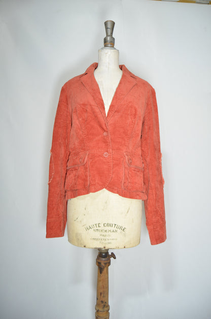 Orange Corduroy Fitted Jacket with Embroideries on the back