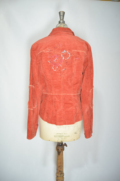 Orange Corduroy Fitted Jacket with Embroideries on the back