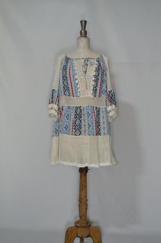 White & Blue Crochet Patterned Beach Dress