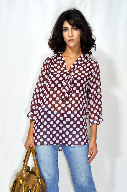 Vintage Burgundy Sheer Polka Dot Tie-Neck Blouse