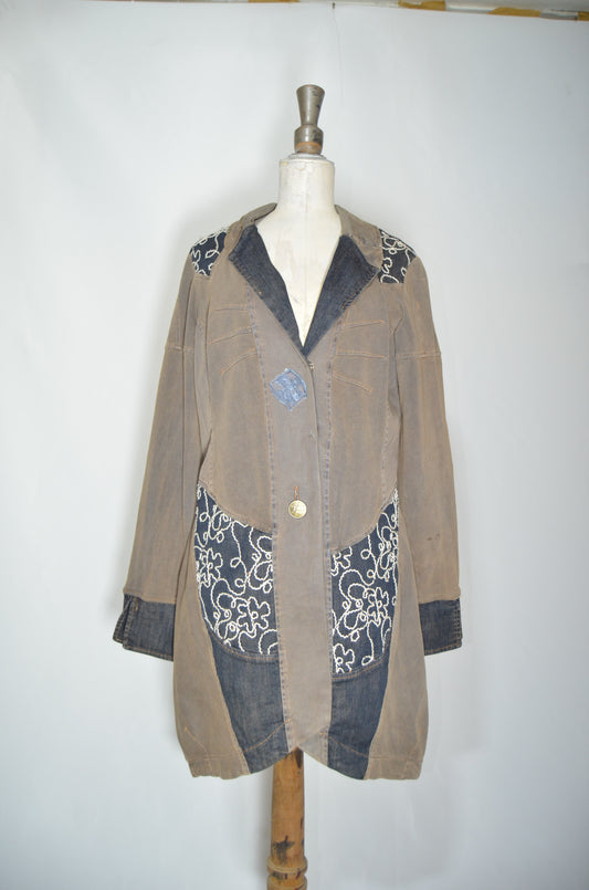 Brown & Blue Cotton Long Jacket with Denim Details