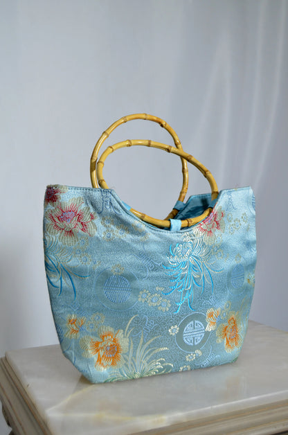 Blue Chinese Silk Floral Bag with bamboo handle