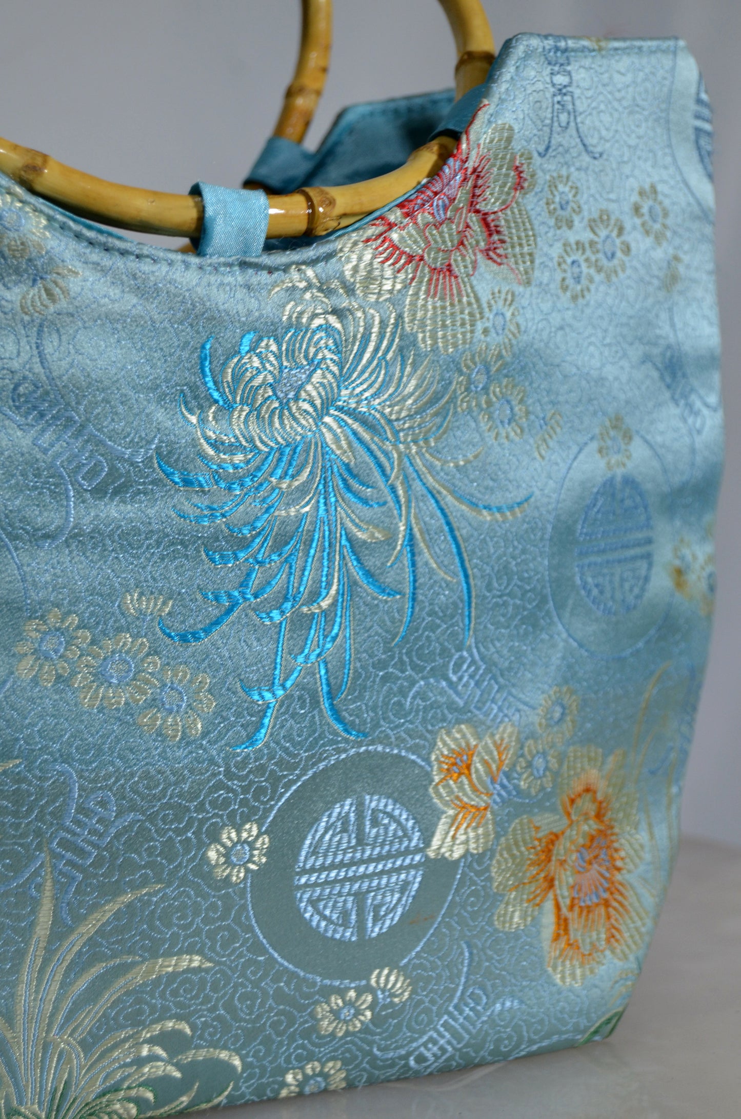 Blue Chinese Silk Floral Bag with bamboo handle