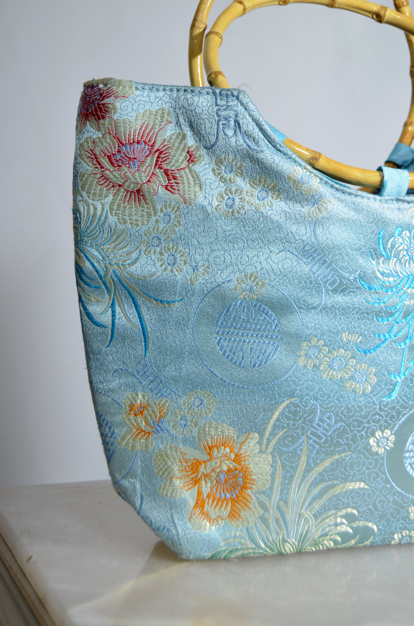 Blue Chinese Silk Floral Bag with bamboo handle