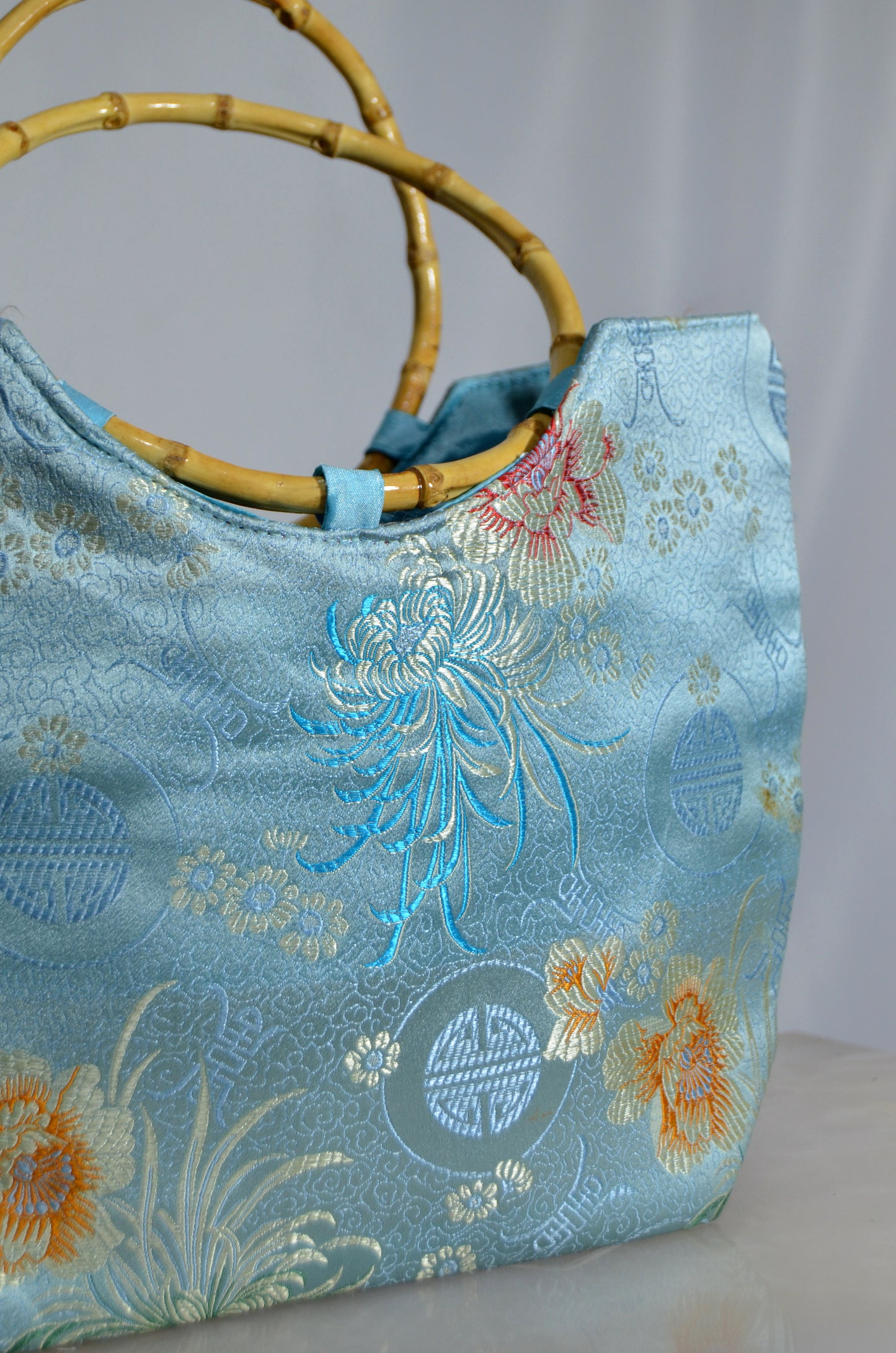 Blue Chinese Silk Floral Bag with bamboo handle