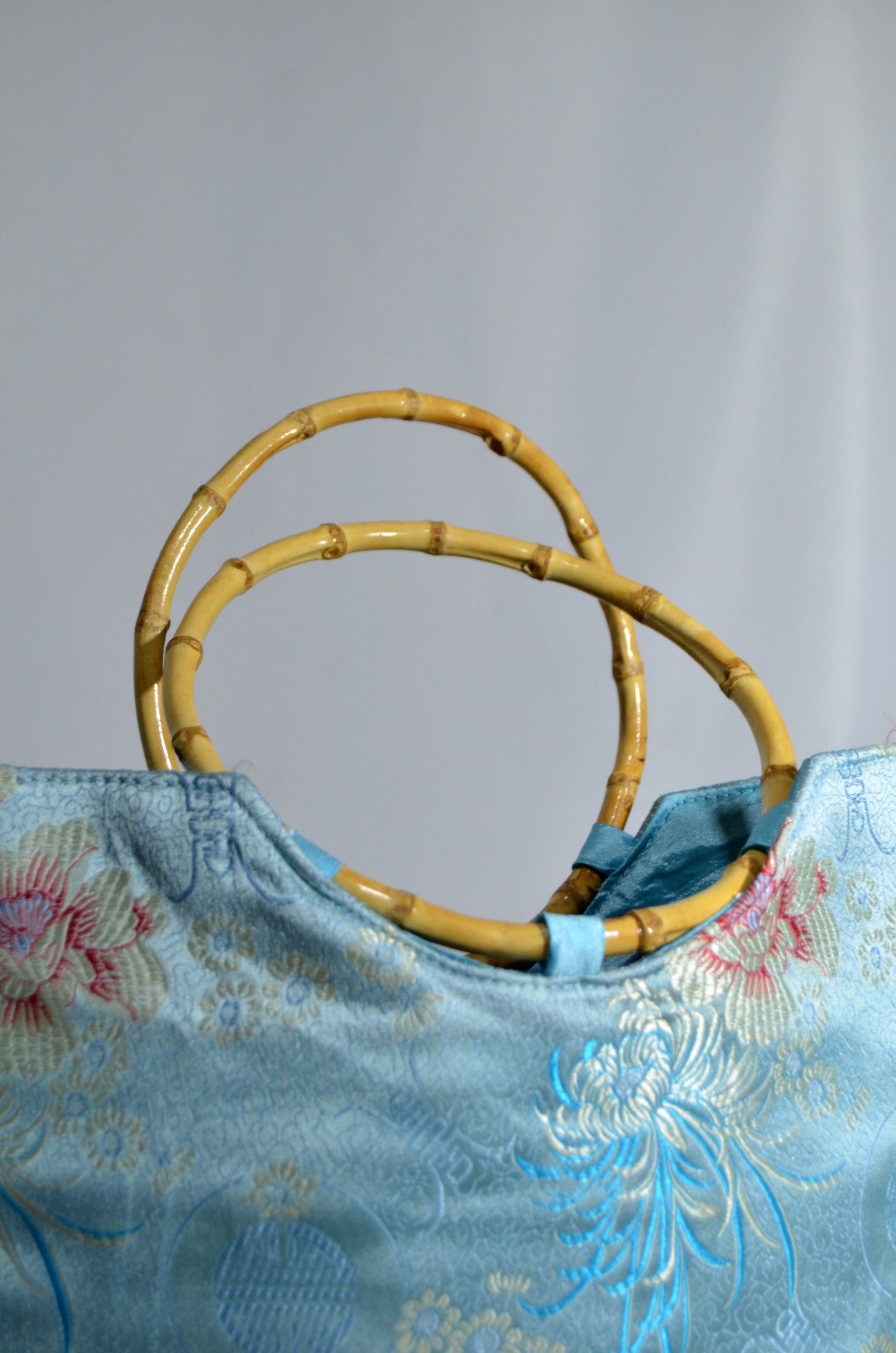 Blue Chinese Silk Floral Bag with bamboo handle